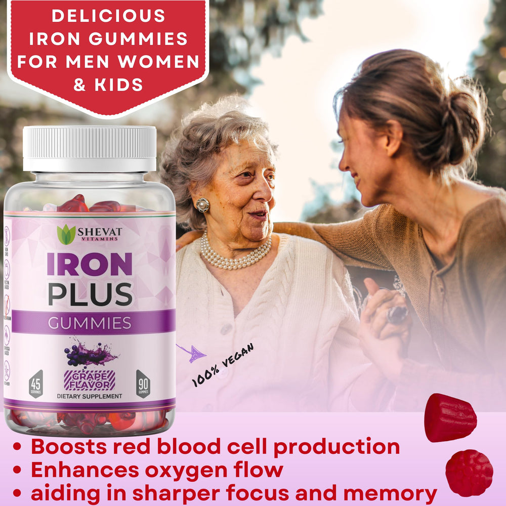 Shevat Vitamins grape-flavored iron gummies close-up highlighting vegan gluten-free formula