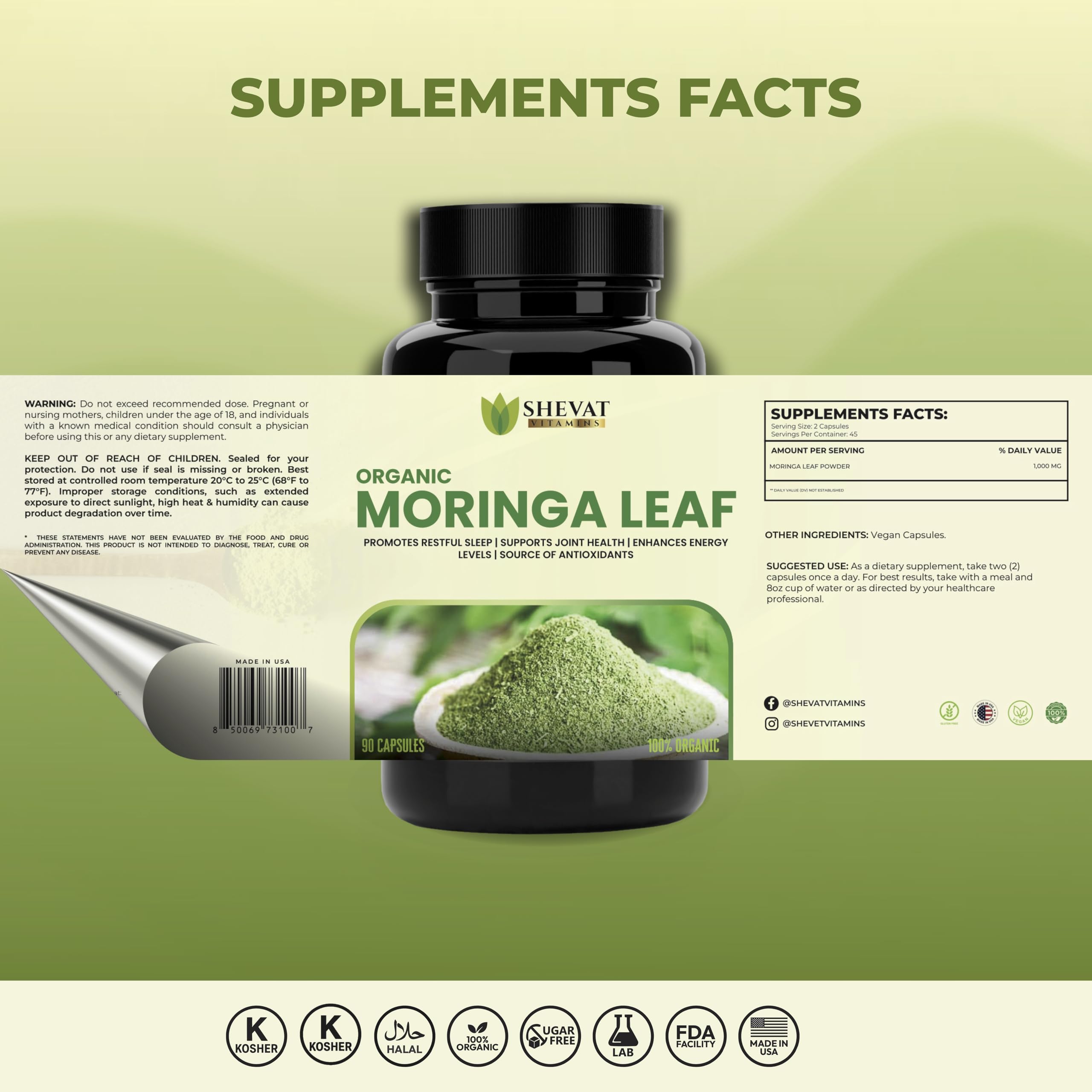 SHEVAT VITAMINS Organic Moringa bottle label showcases USA-made quality.