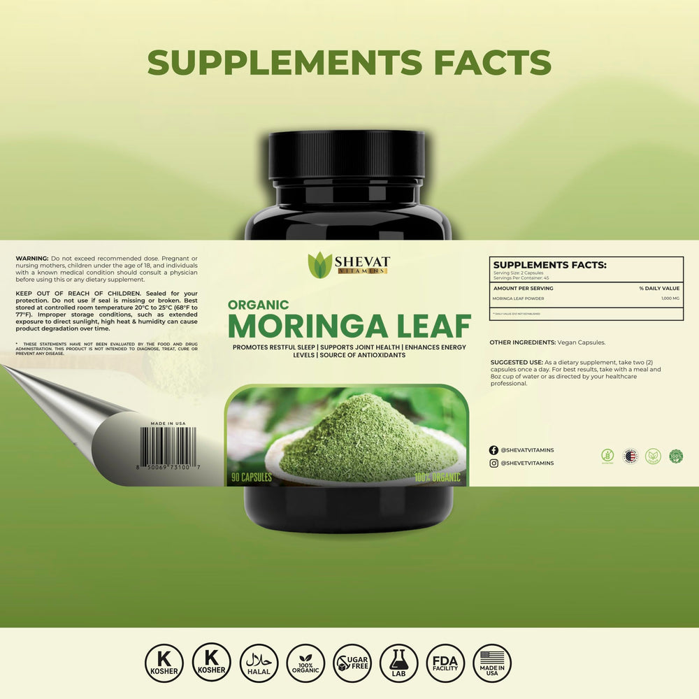 SHEVAT VITAMINS Organic Moringa bottle label showcases USA-made quality.