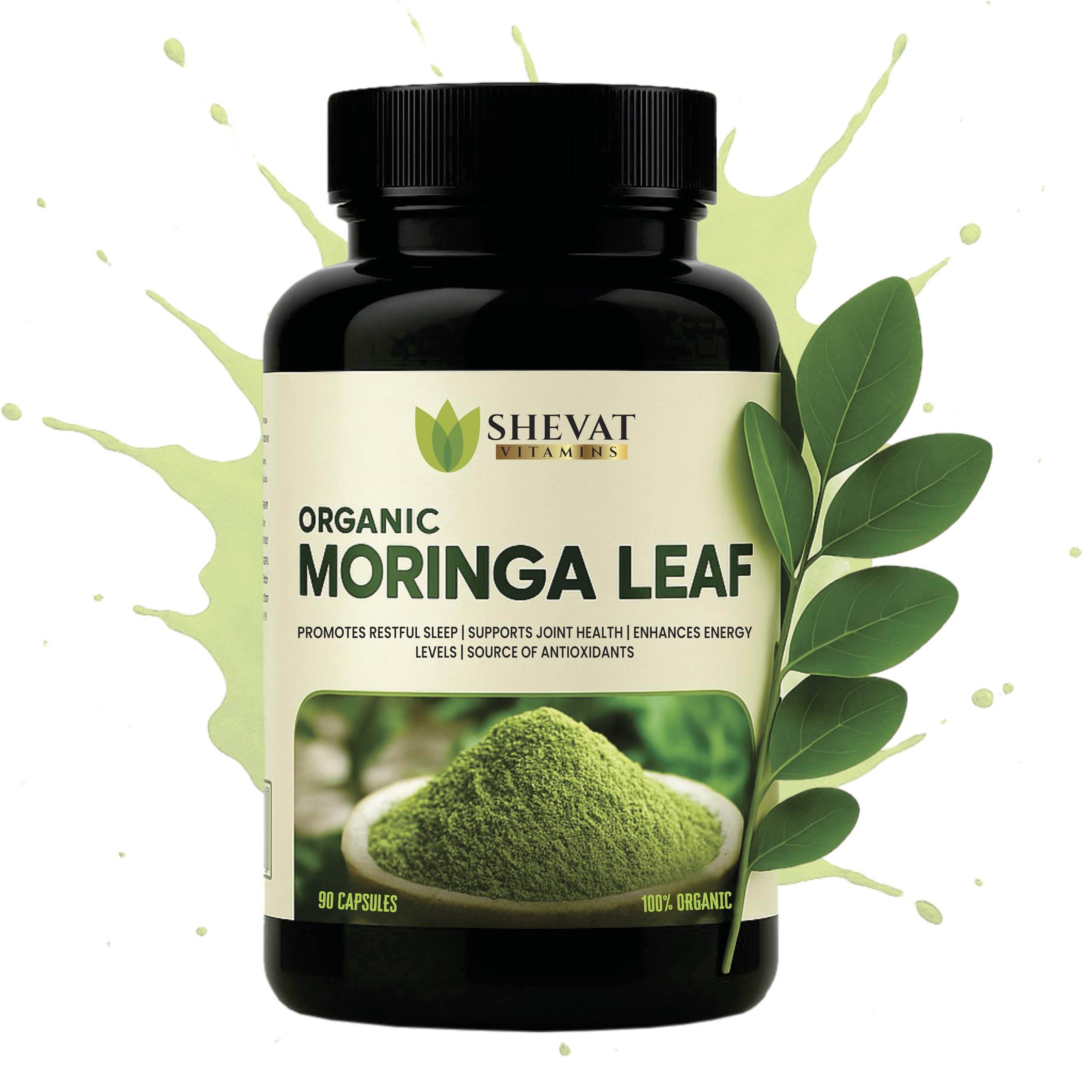 SHEVAT VITAMINS Organic Moringa capsules bottle front for everyday wellness.