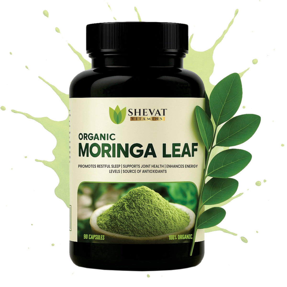 SHEVAT VITAMINS Organic Moringa capsules bottle front for everyday wellness.