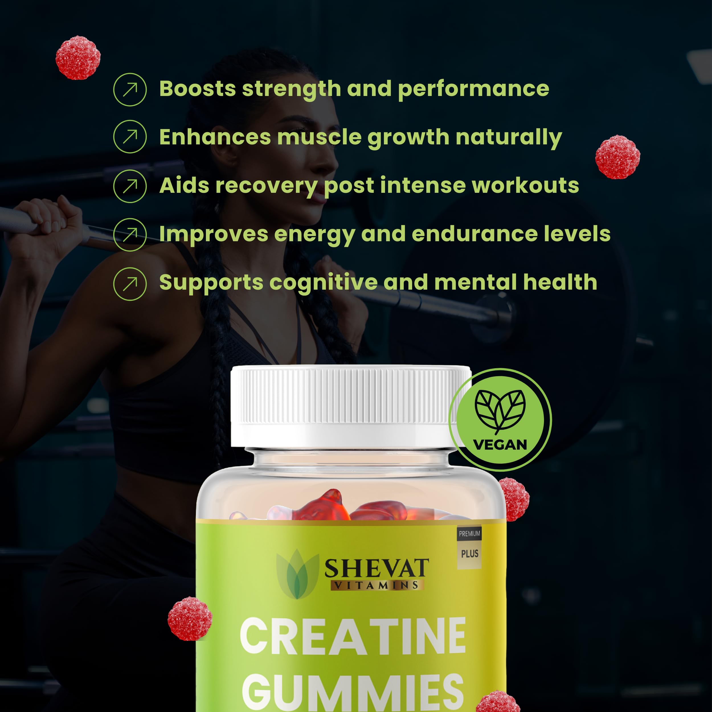 Box of SHEVAT VITAMINS Creatine Gummies highlighting premium quality