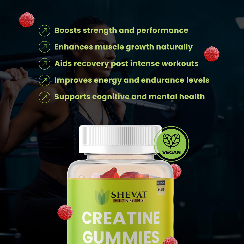 Box of SHEVAT VITAMINS Creatine Gummies highlighting premium quality