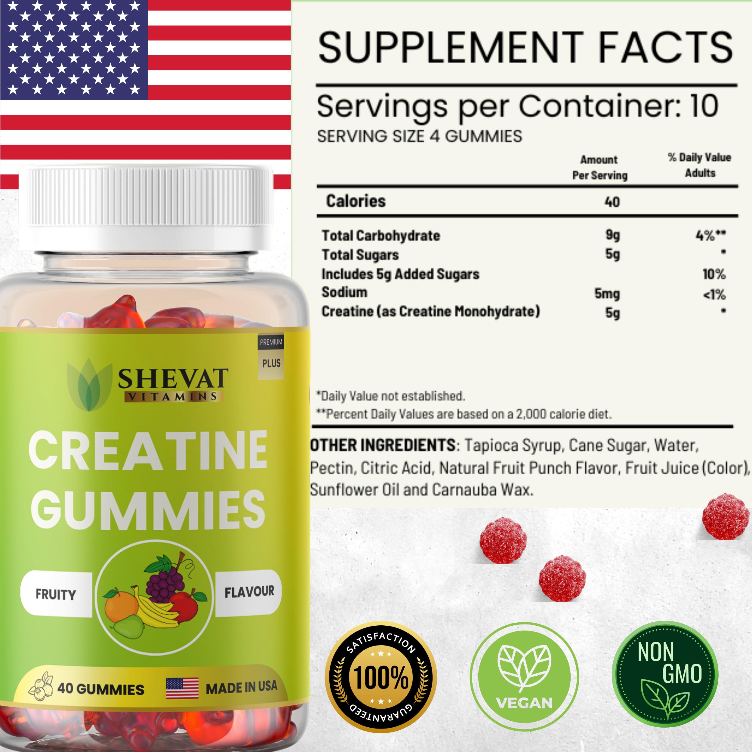 Close-up of fruity chewable Creatine Gummies from SHEVAT VITAMINS