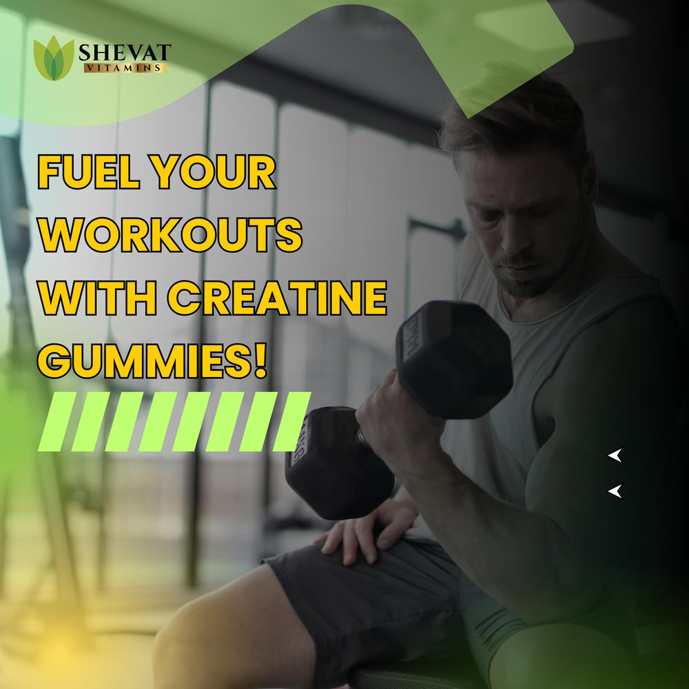 Glass bottle of SHEVAT VITAMINS Creatine Gummies on a kitchen counter