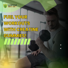 Glass bottle of SHEVAT VITAMINS Creatine Gummies on a kitchen counter