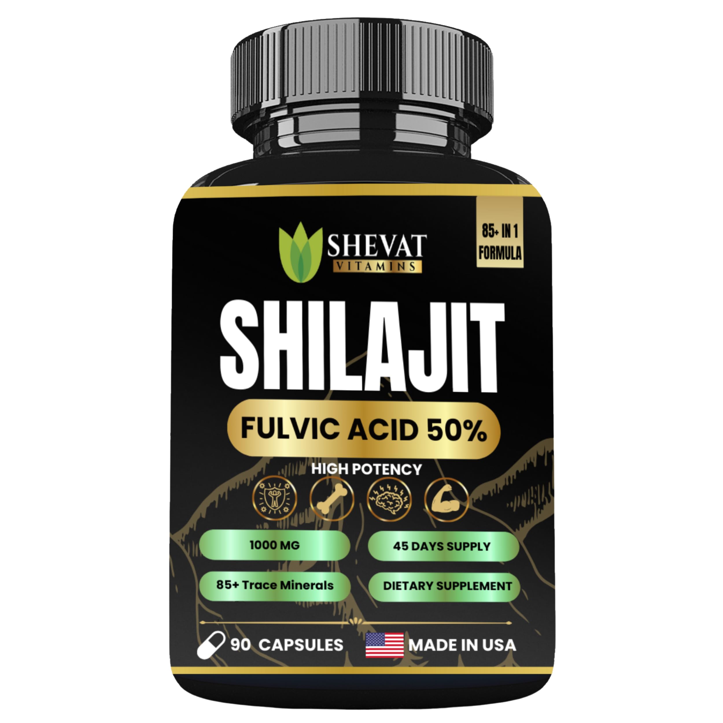 SHEVAT VITAMINS Shilajit capsules bottle shown for daily energy support.