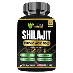 SHEVAT VITAMINS Shilajit capsules bottle shown for daily energy support.