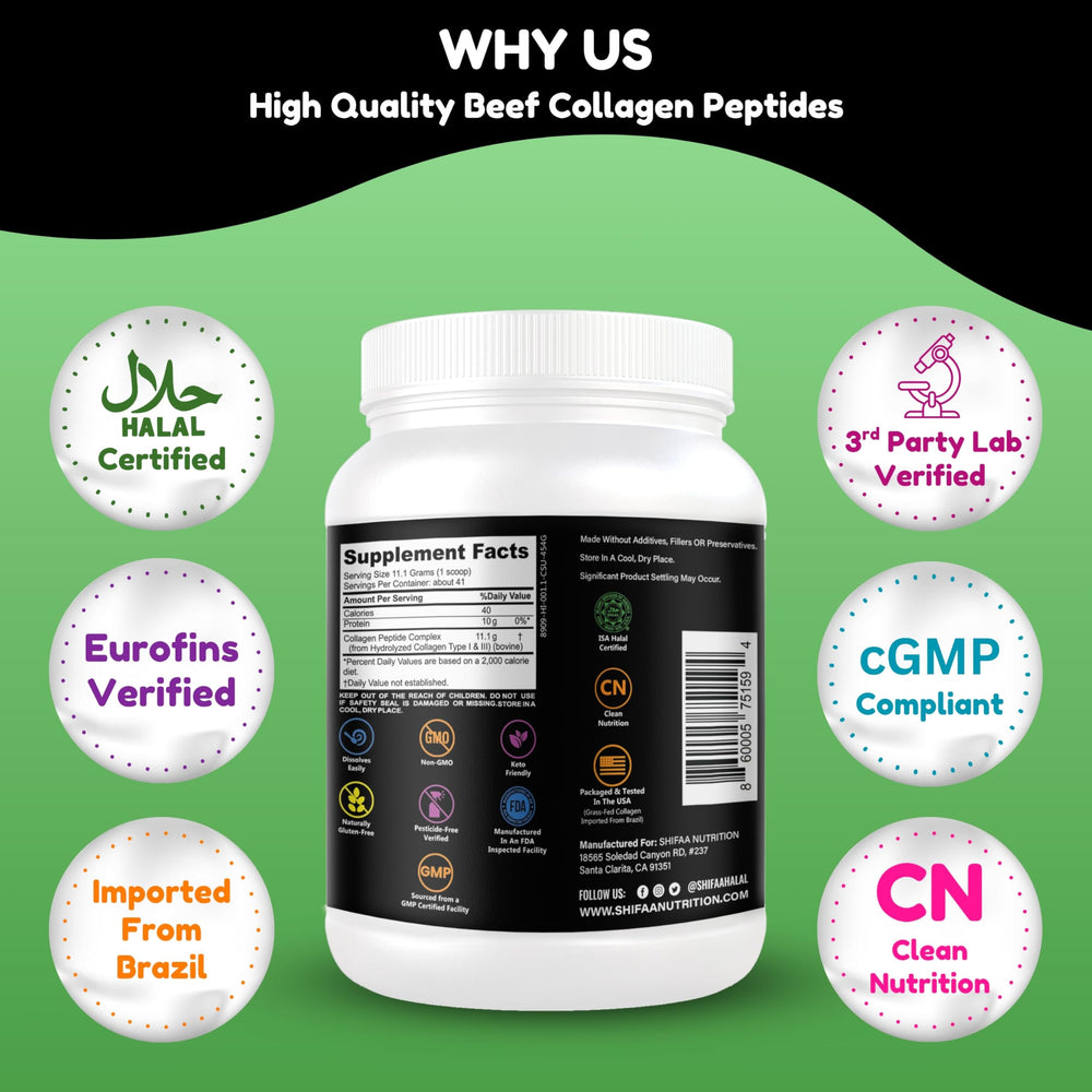 Shifaa Nutrition grass-fed bovine collagen source emphasizes pasture-raised quality.