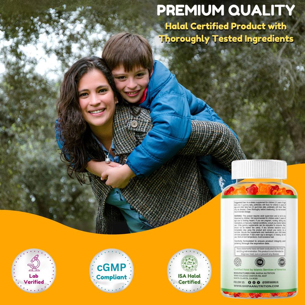 SHIFAA NUTRITION halal kids multivitamin gummies label highlights non-GMO and allergen-free.
