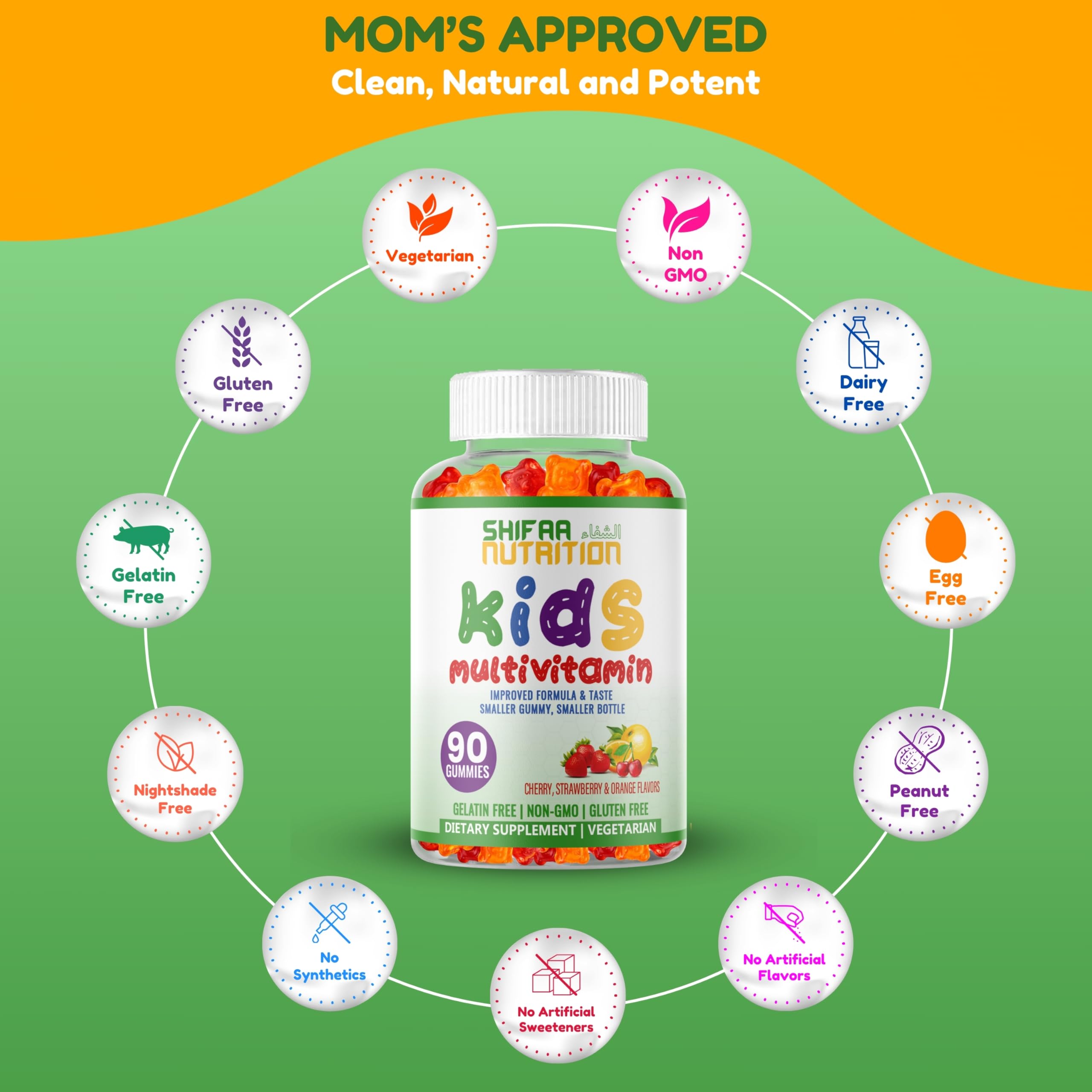 SHIFAA NUTRITION halal kids multivitamin gummies natural cherry strawberry orange flavors.