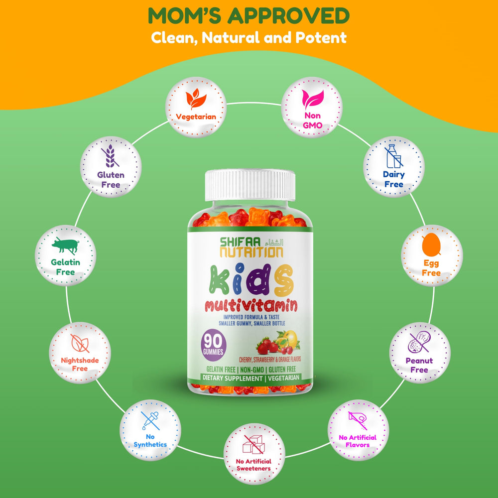 SHIFAA NUTRITION halal kids multivitamin gummies natural cherry strawberry orange flavors.