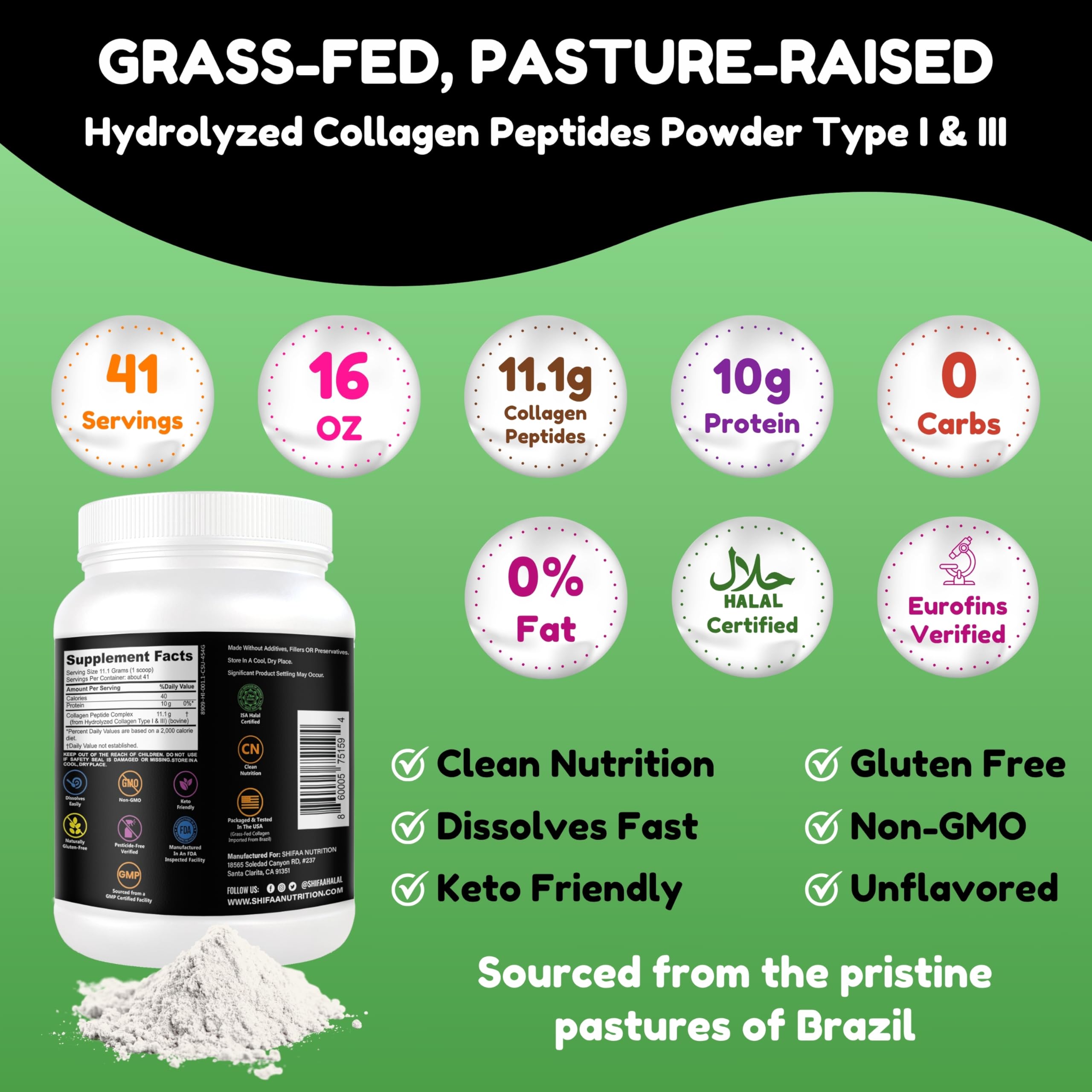 Shifaa Nutrition hydrolyzed collagen peptides powder scoop shows fast absorption.