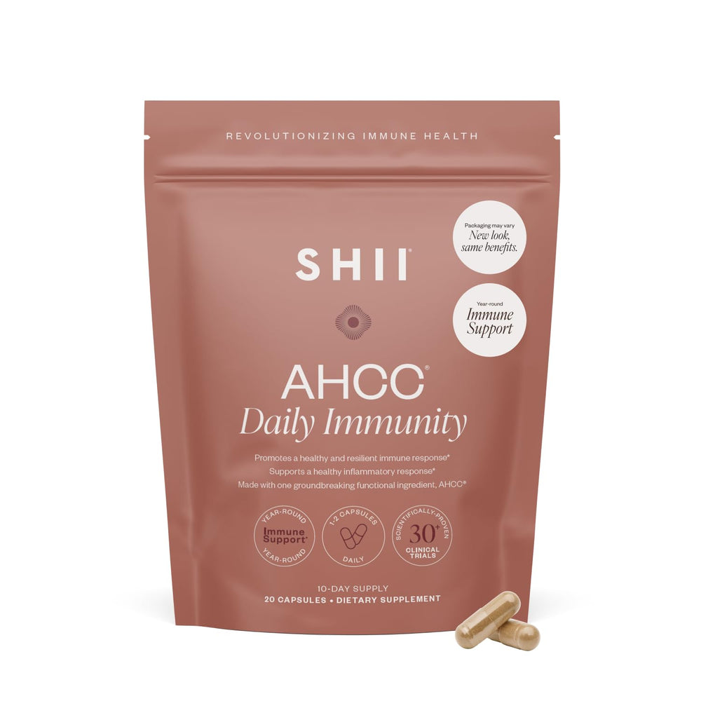 SHII AHCC Daily Immunity bottle and pour demonstrates easy daily immune support.