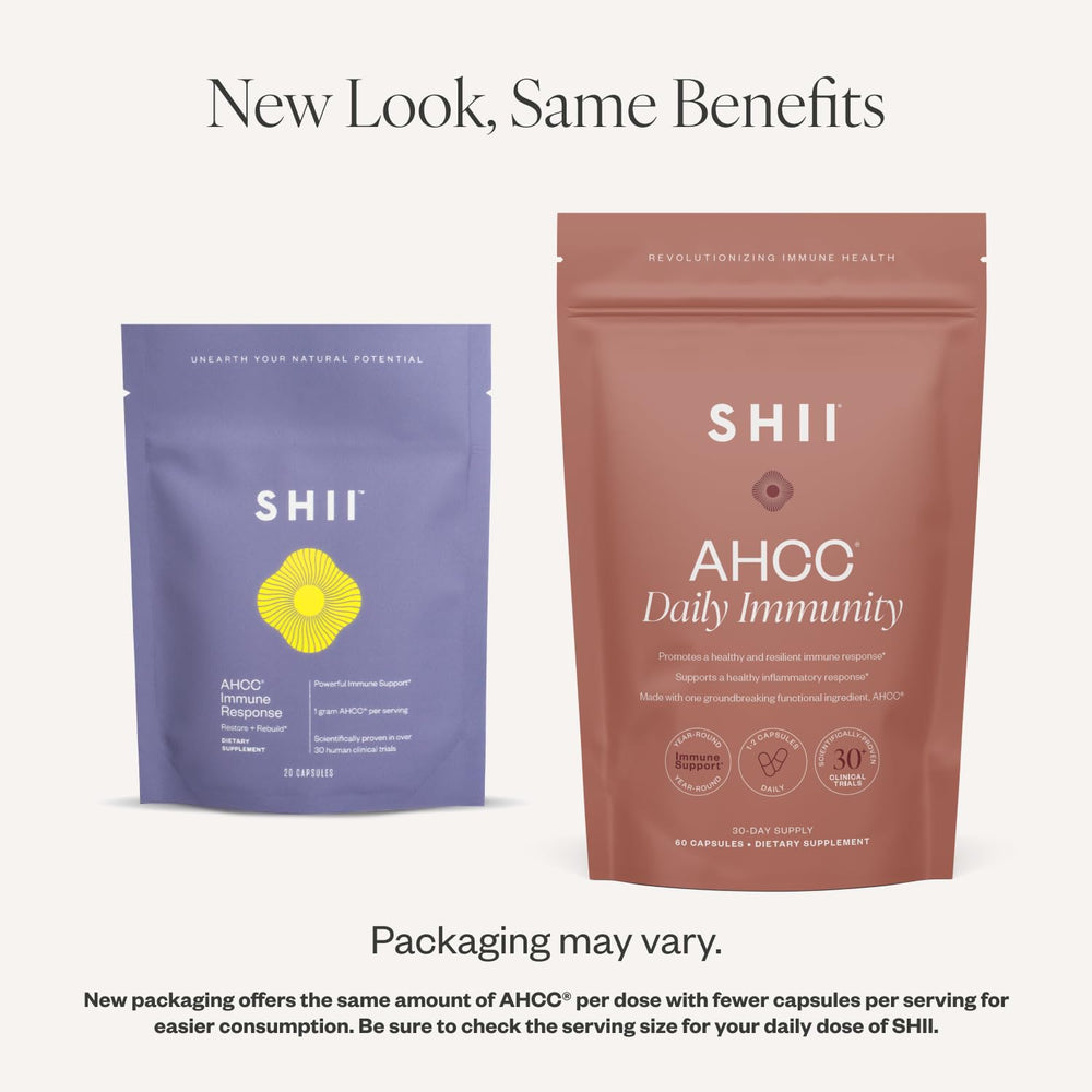 SHII AHCC daily capsules close-up highlighting vegan, gluten-free immune support.