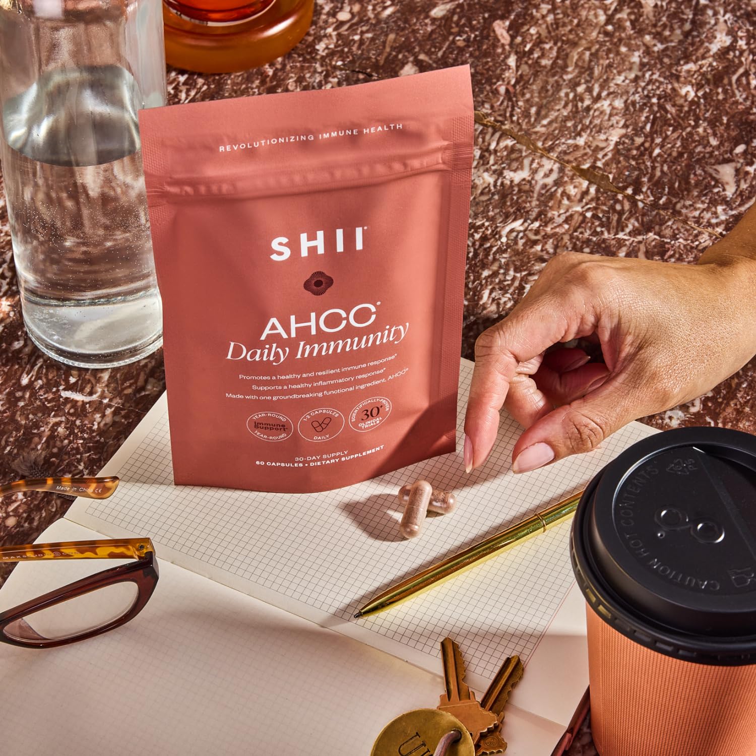 SHII AHCC daily-use ritual shot suggests easy routine integration.