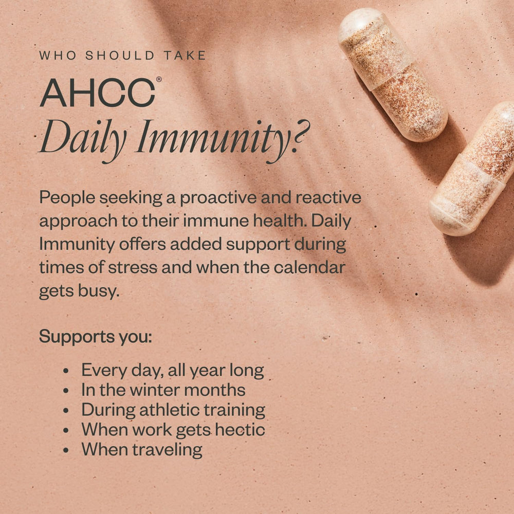 SHII AHCC packaging close-up emphasizes travel-friendly supplement for busy days.