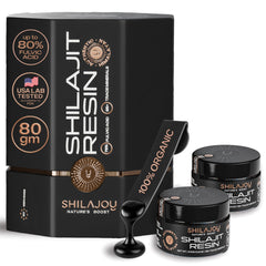 SHILAJOY Shilajit Resin jar close-up shows rich amber color for energy support