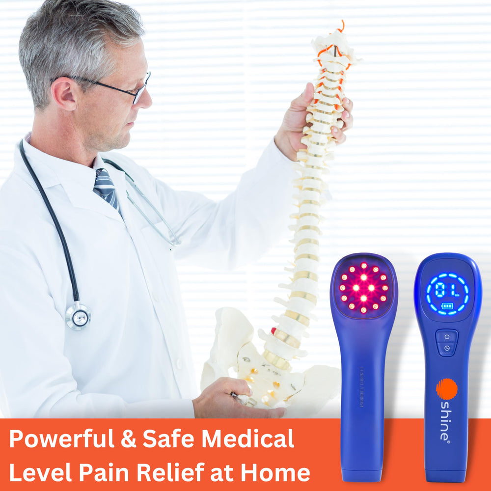 SHINE Relief handheld use demonstrating easy, targeted light therapy for localized relief
