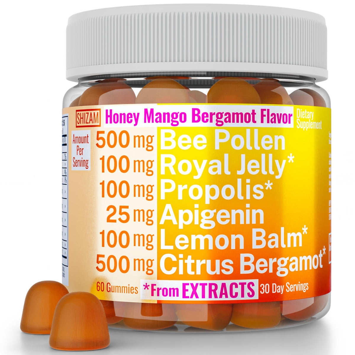 SHIZAM Bee Pollen Bergamot Gummies bottle for daily wellness and a tasty treat.