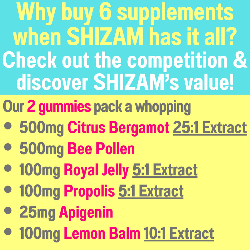 SHIZAM Royal Jelly Propolis Gummies jar highlights bee-derived ingredients for natural energy.