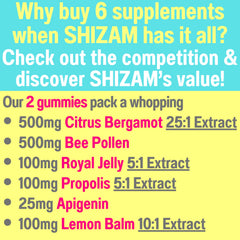 SHIZAM Royal Jelly Propolis Gummies jar highlights bee-derived ingredients for natural energy.