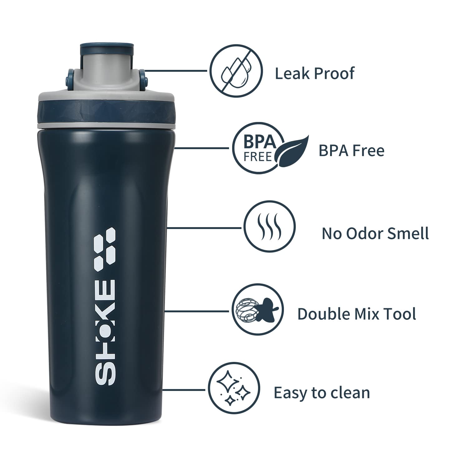 SHOKE leak-proof blue-handled shaker bottle ideal for gym sessions.