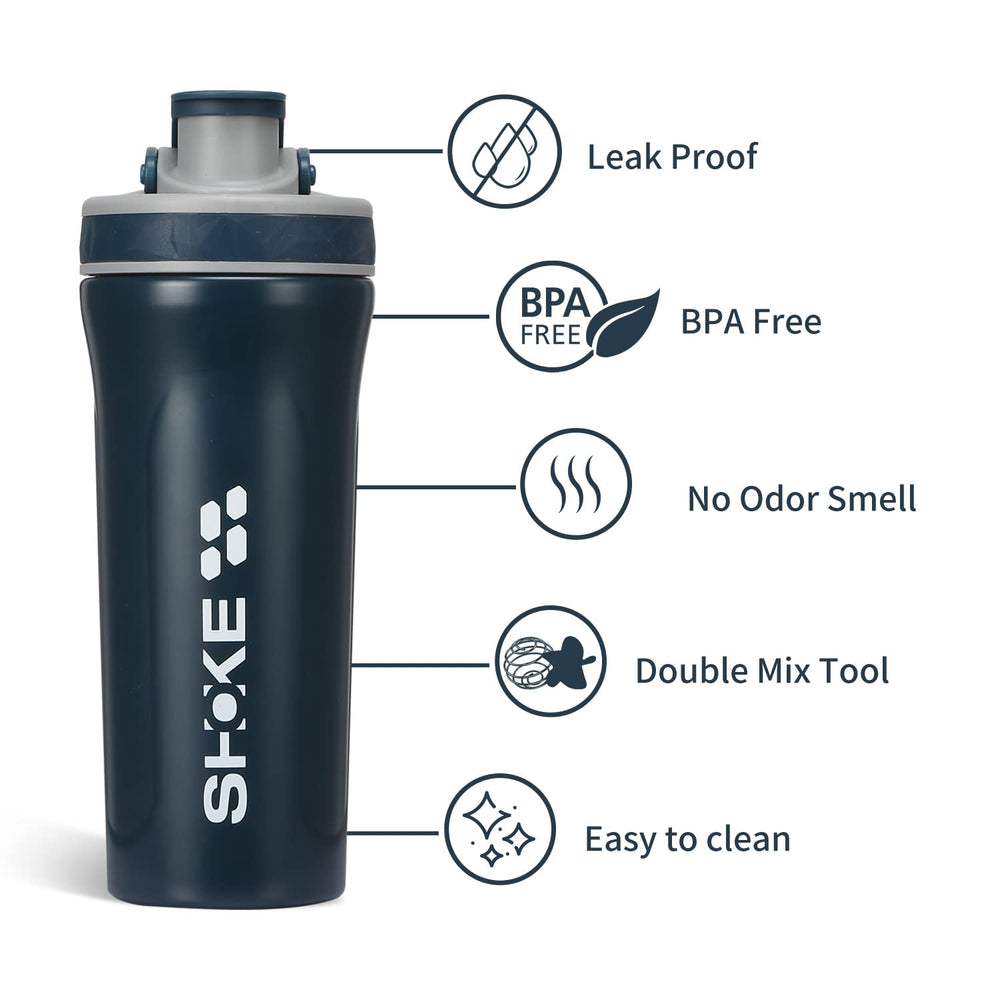 SHOKE leak-proof blue-handled shaker bottle ideal for gym sessions.