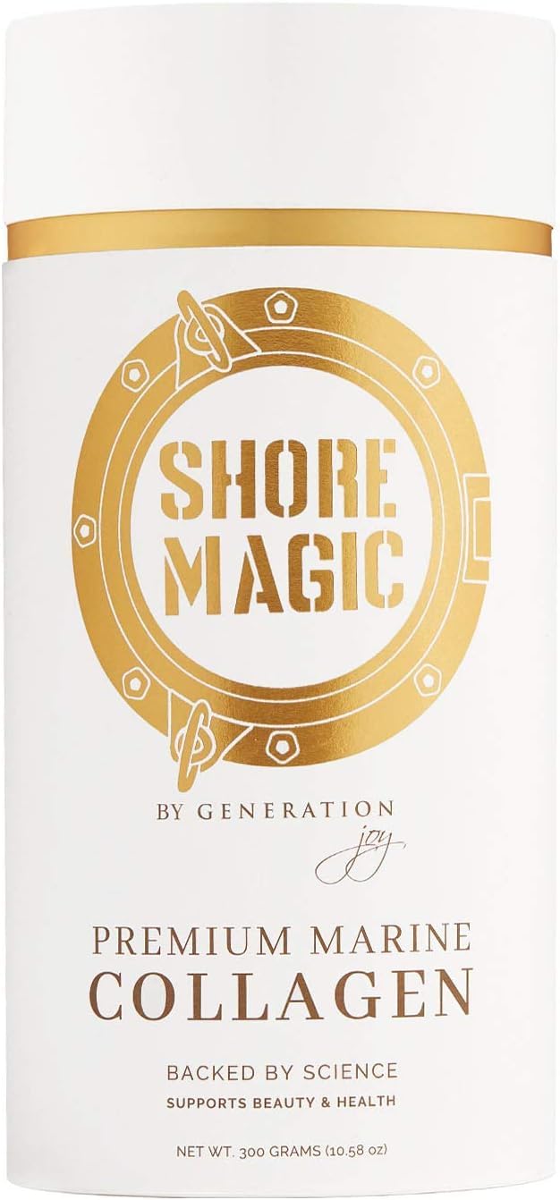 Shore Magic collagen bottle with wild fish source for daily skin support.