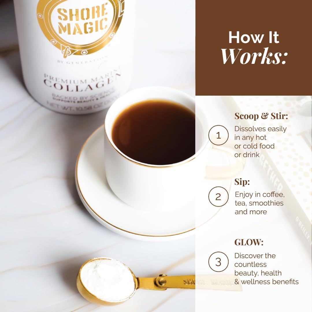 Shore Magic collagen scoop beside jar for convenient serving.