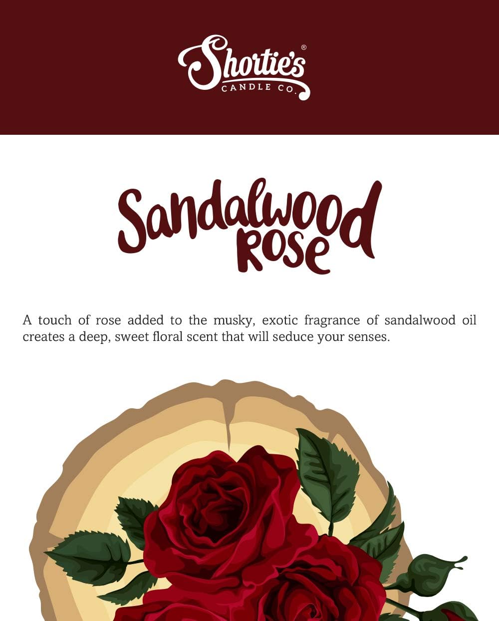 Shortie's Candle Company sandalwood-rose 14.5 oz candle creates warm ambiance.