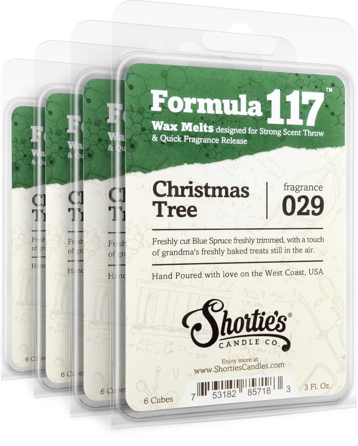Shortie's Candle Company Christmas Tree Wax Melts Pack; flameless fragrance for cozy holiday spaces.