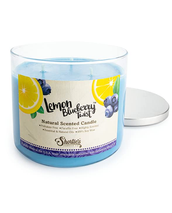 Shortie's Lemon Blueberry Twist 3-wick front view candle for strong fragrance and clean burn.