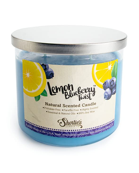 Shortie's Lemon Blueberry Twist label close-up highlighting US-made soy wax and phthalate-free formula.