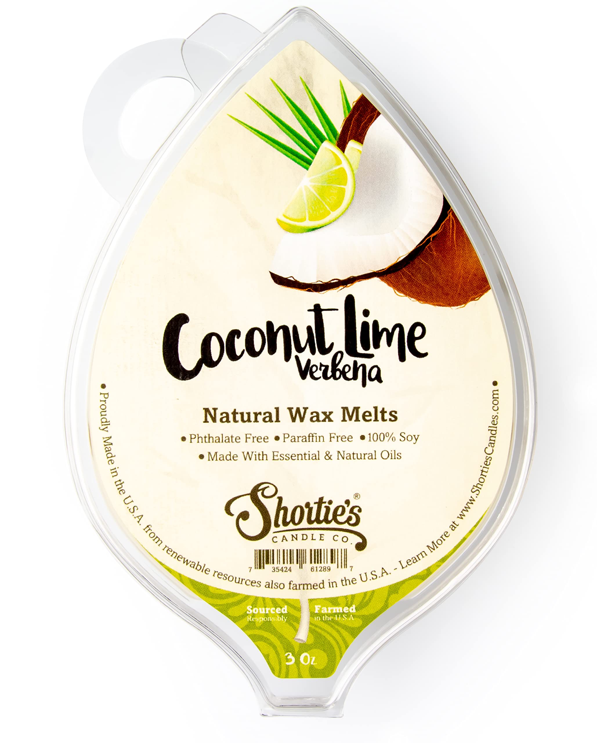 Shortie's Coconut Lime Verbena wax melt bar with tropical aroma.