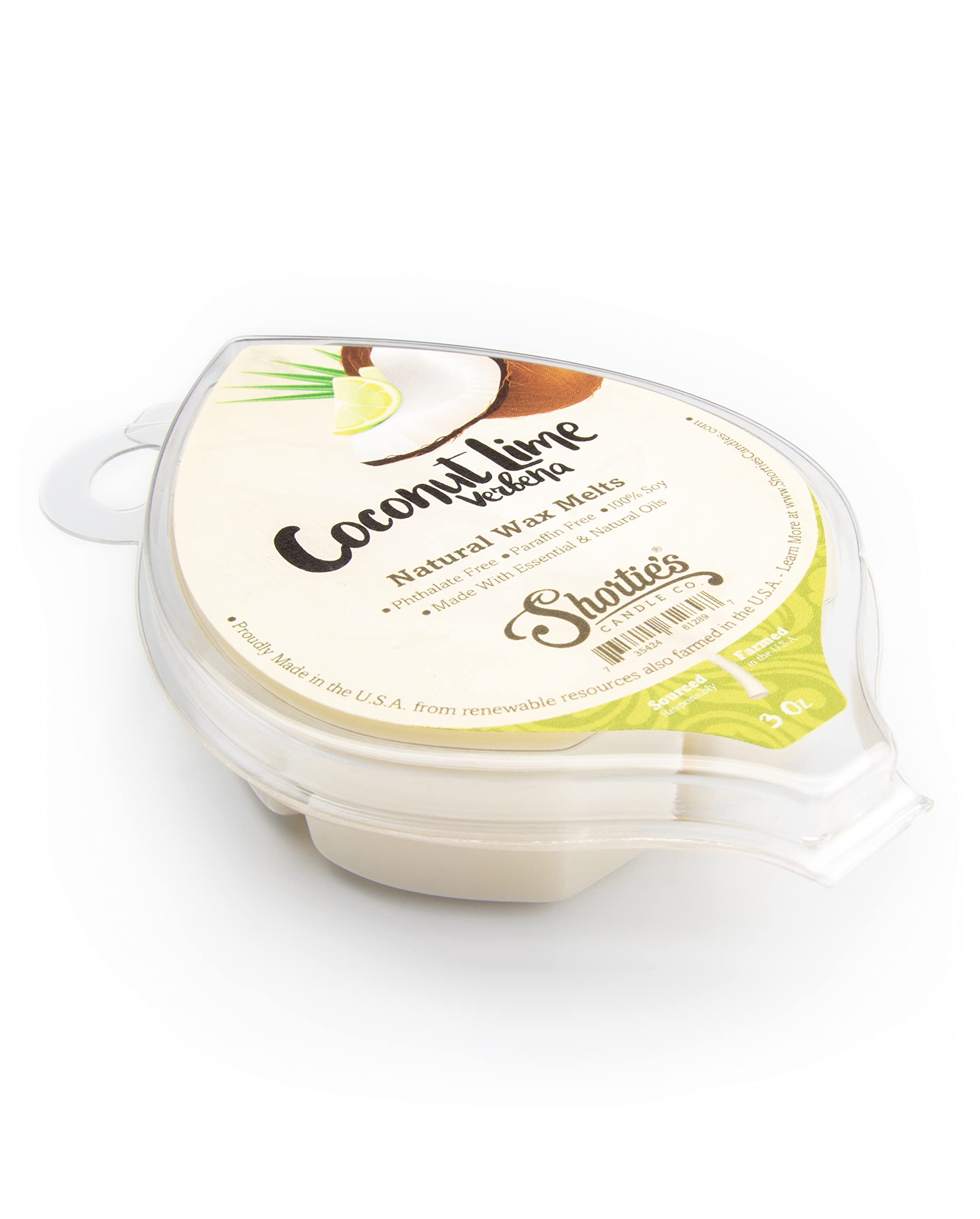 Close-up of Shortie's Coconut Lime Verbena wax melt showing natural soy formula.