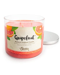 Shortie's Grapefruit 3-Wick Candle front view with bold label, ideal for brightening a living room.