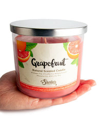 Shortie's Grapefruit 3-Wick Candle packaging close-up highlighting US-made essential oils.