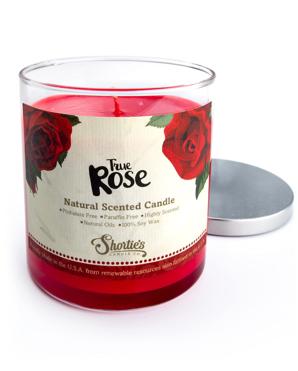 Shortie's True Rose candle in a 9oz jar with bloom-like fragrance