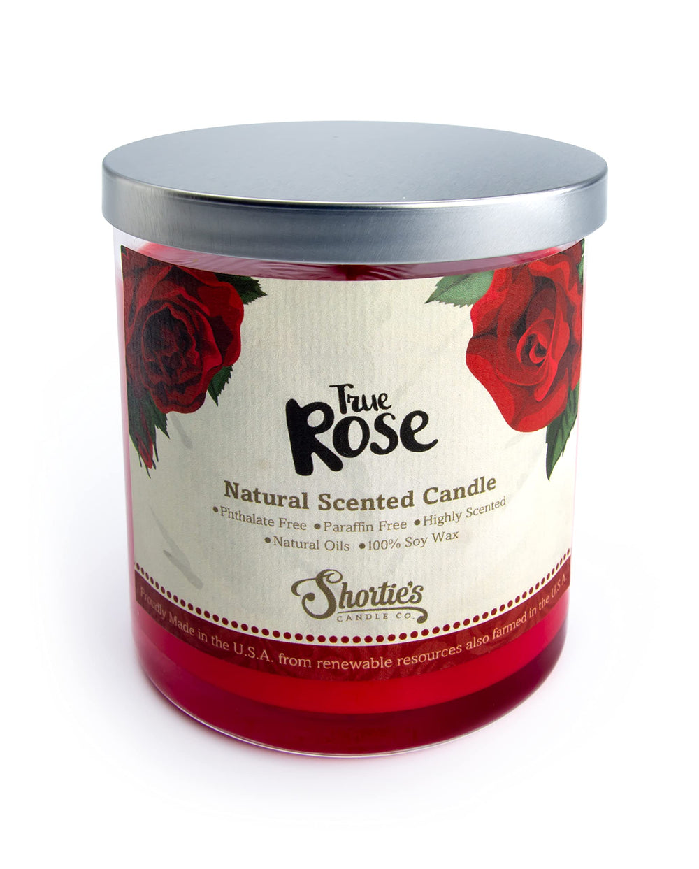 Close-up of Shortie's rose candle label highlighting clean formula