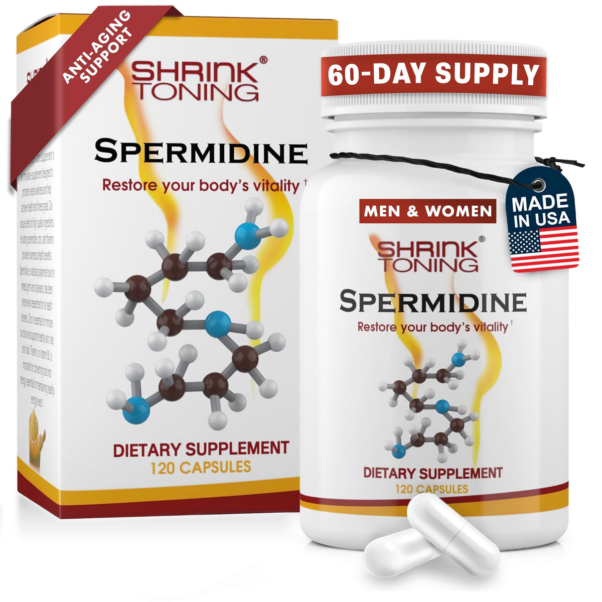 Shrink Spermidine Supplements bottle front with vegan capsules for daily wellness