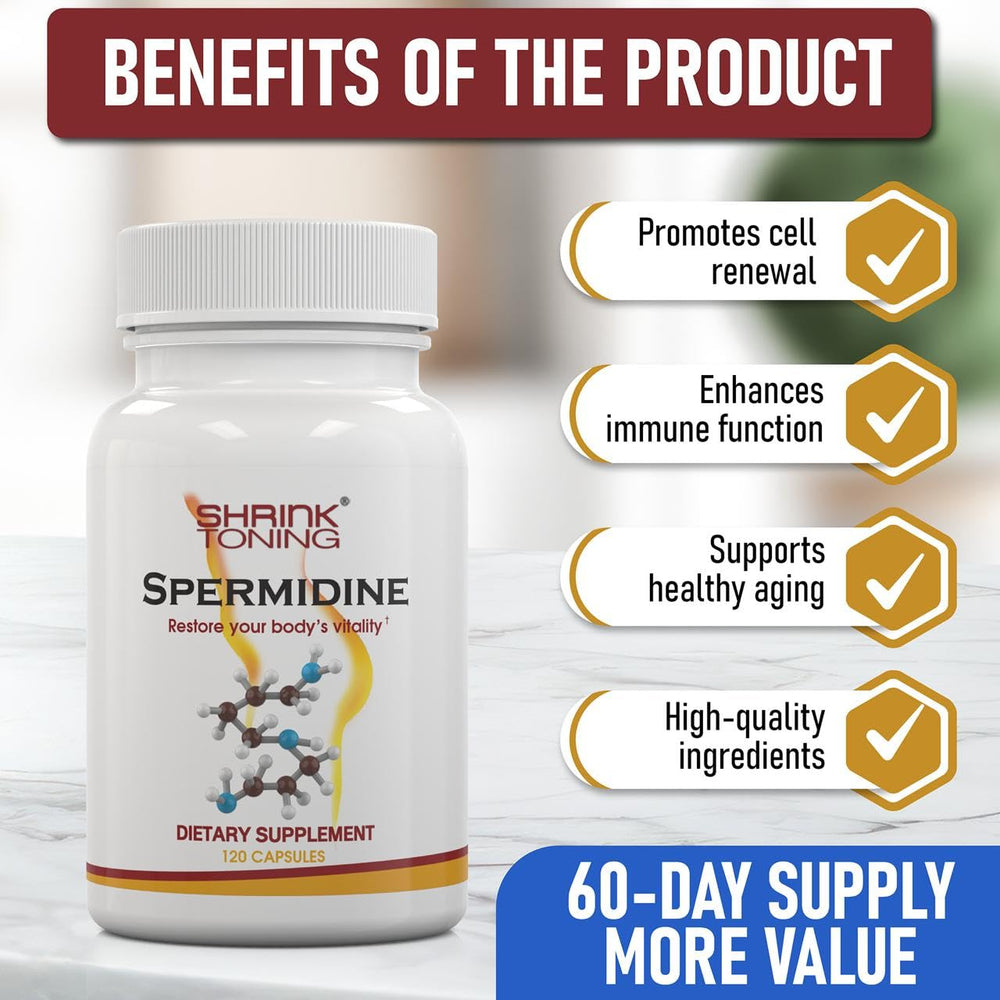 Shrink Spermidine Supplements bottle ingredients showing non-GMO and USA-made origin