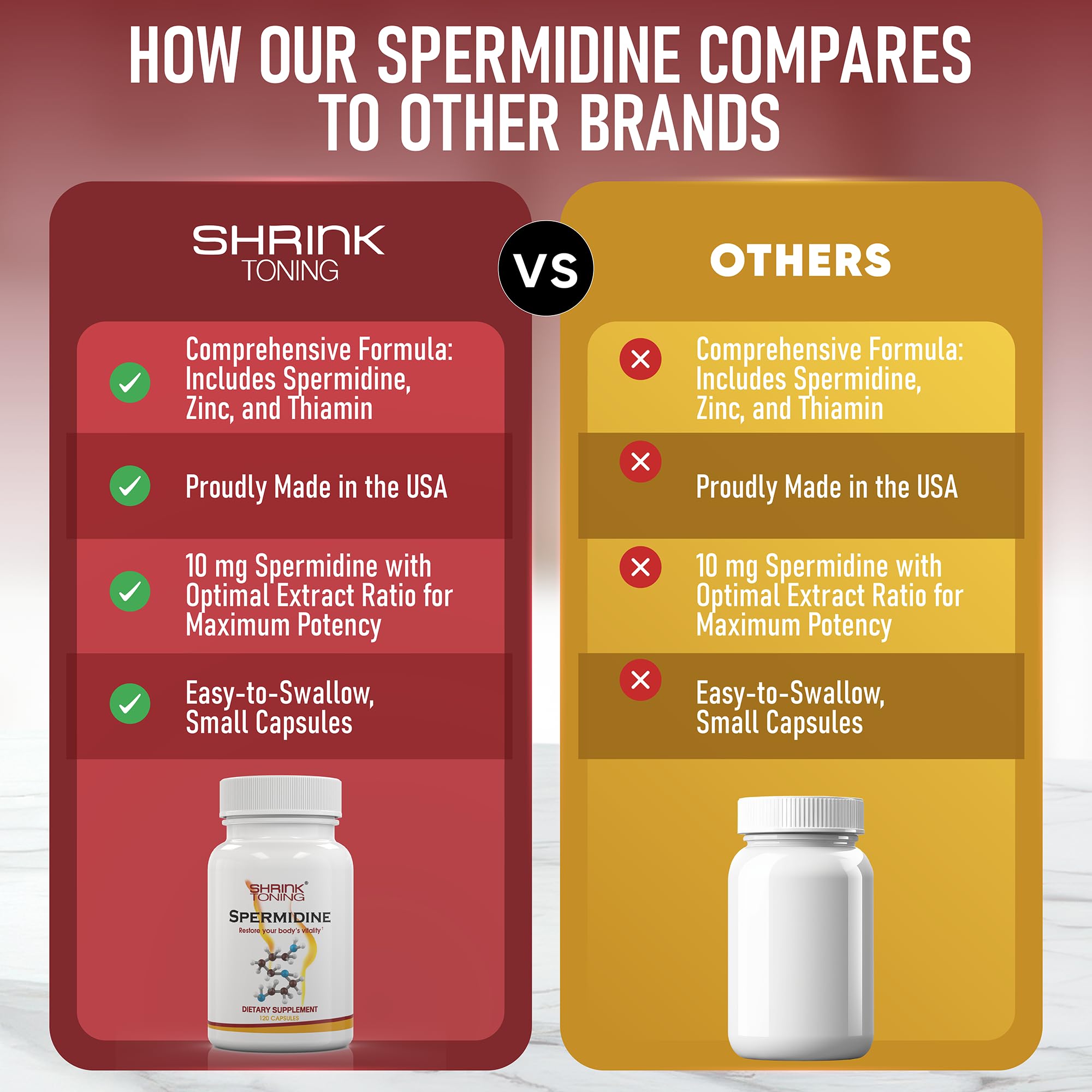 Shrink Spermidine Supplements label detail highlights high spermidine and vegan formula