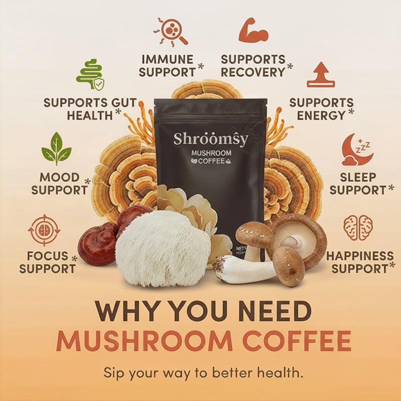 Shroomsy Mushroom Coffee coconut finish in glass emphasizes natural creaminess.