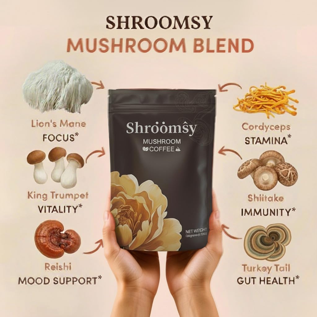 Shroomsy Mushroom Coffee MCT oil swirl signals quick energizing start.