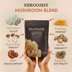 Shroomsy Mushroom Coffee MCT oil swirl signals quick energizing start.