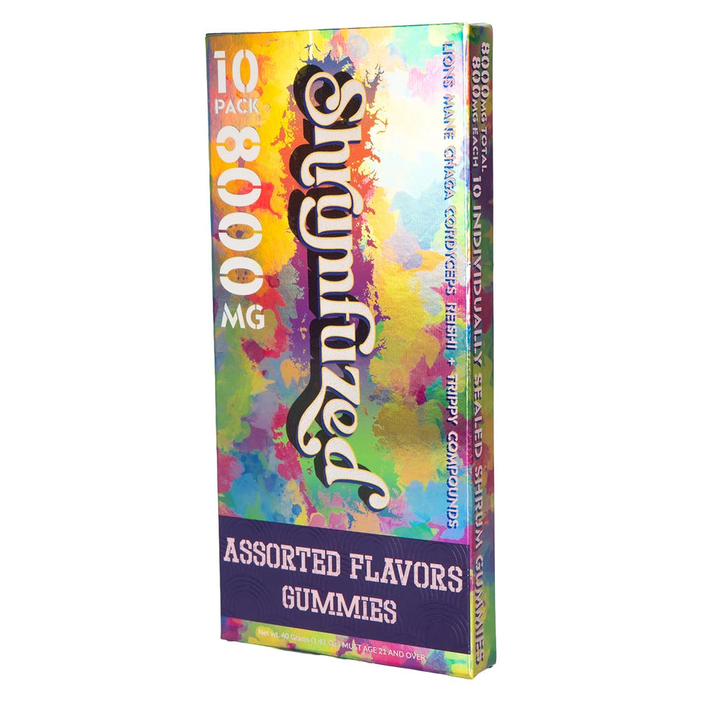 Shrumfuzed assorted gummies in a tray showcasing convenient daily use