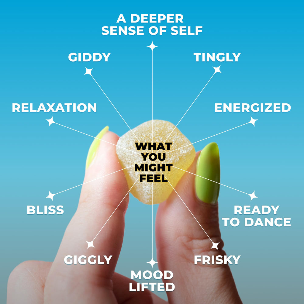 Shrumfuzed gummy in hand scale showing 10-count size and travel-friendly benefit