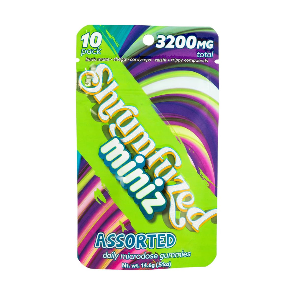 Shrumfuzed Miniz bottle and gummy close-up showcasing portable daily wellness.