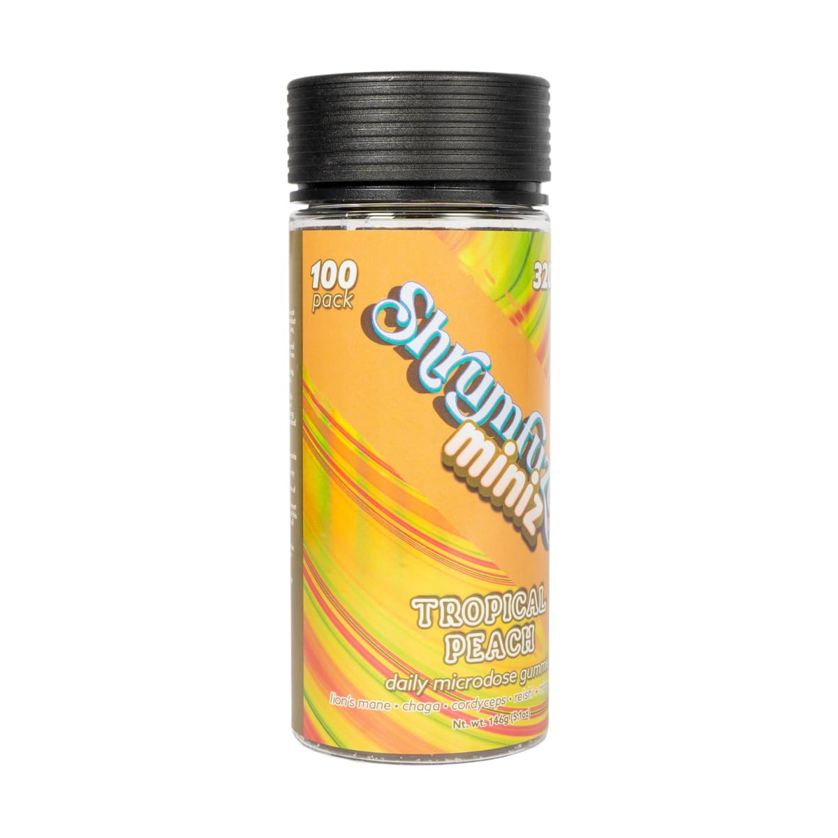Shrumfuzed Miniz tropical peach label highlights ingredients and flavor details.